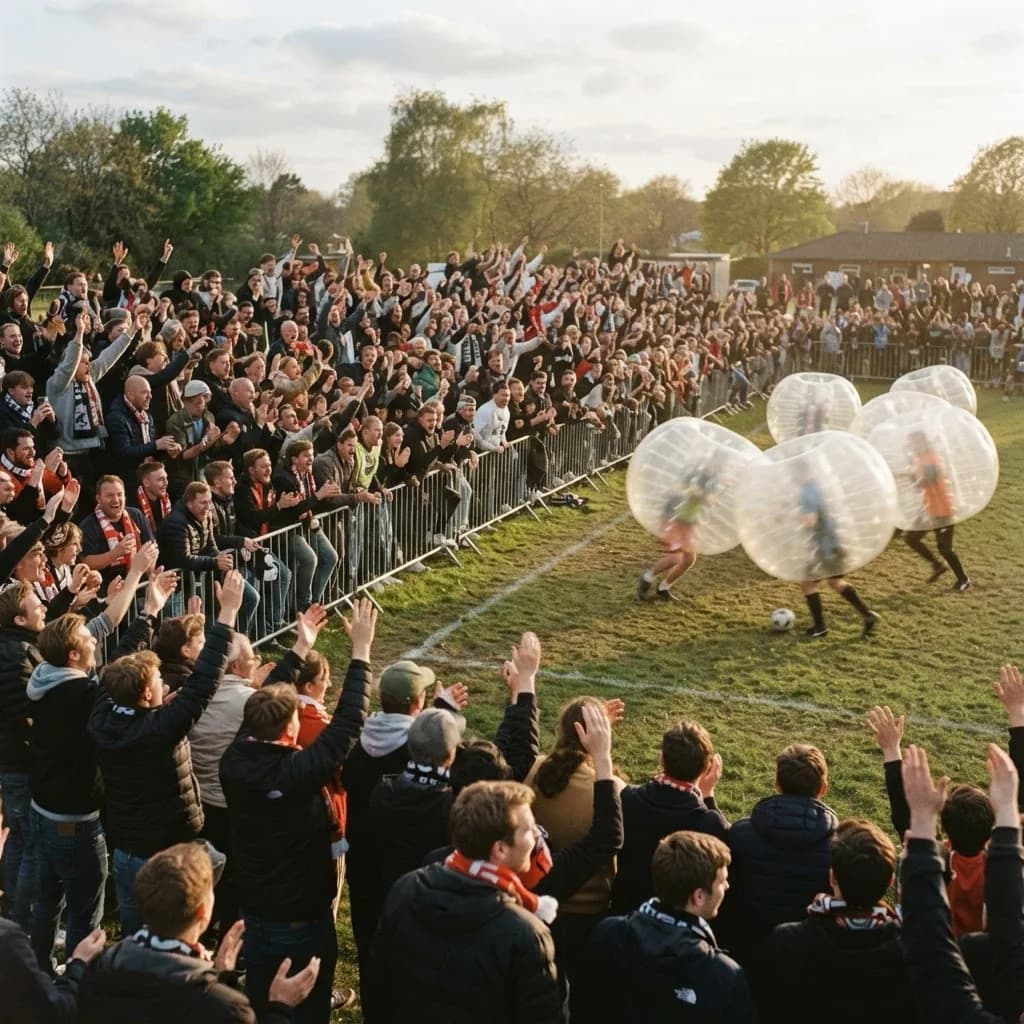 A large crowd cheering behind barriers as players in bubble suits chase a ball across a field