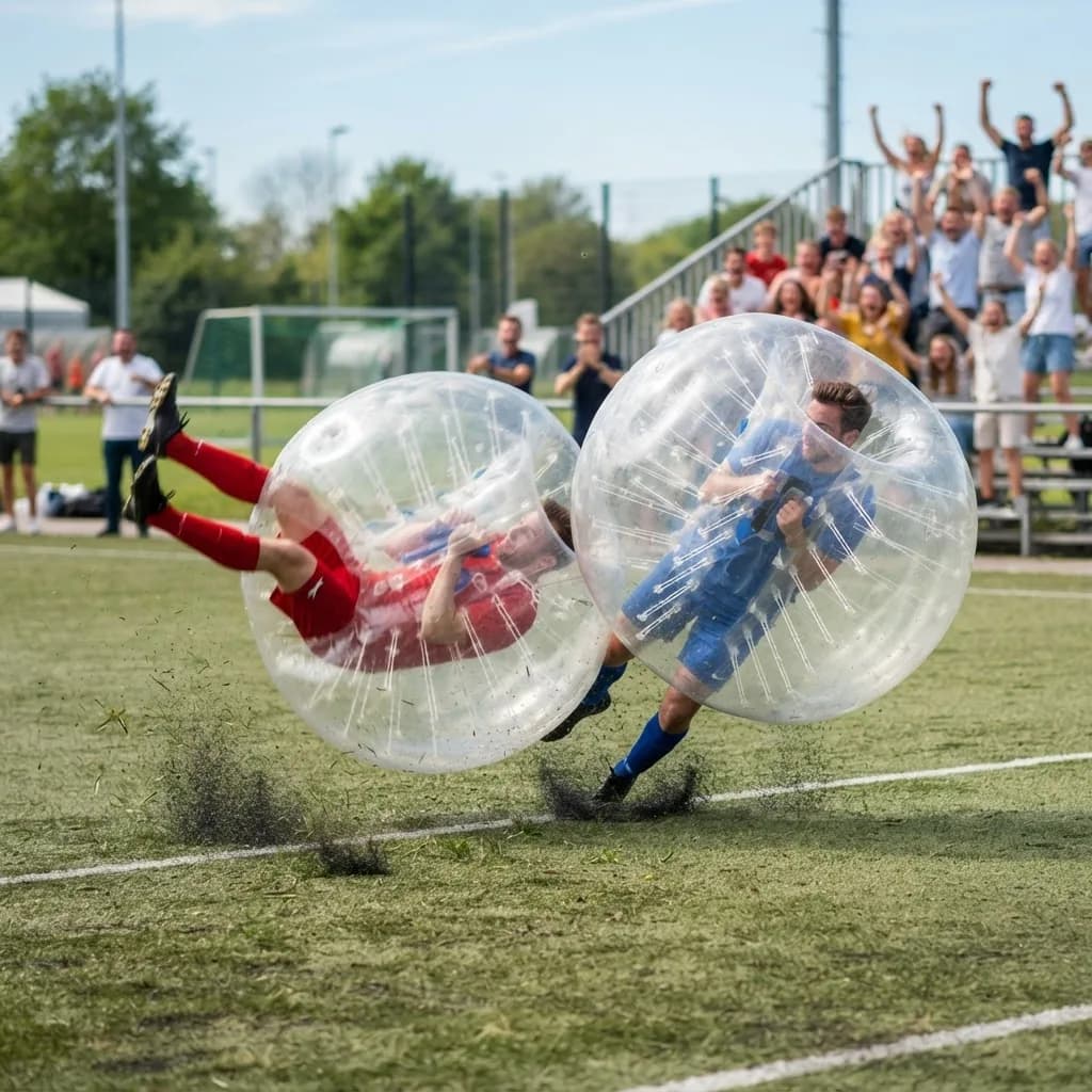 Two players in bubble suits bouncing off each other at a Victoria BC birthday party
