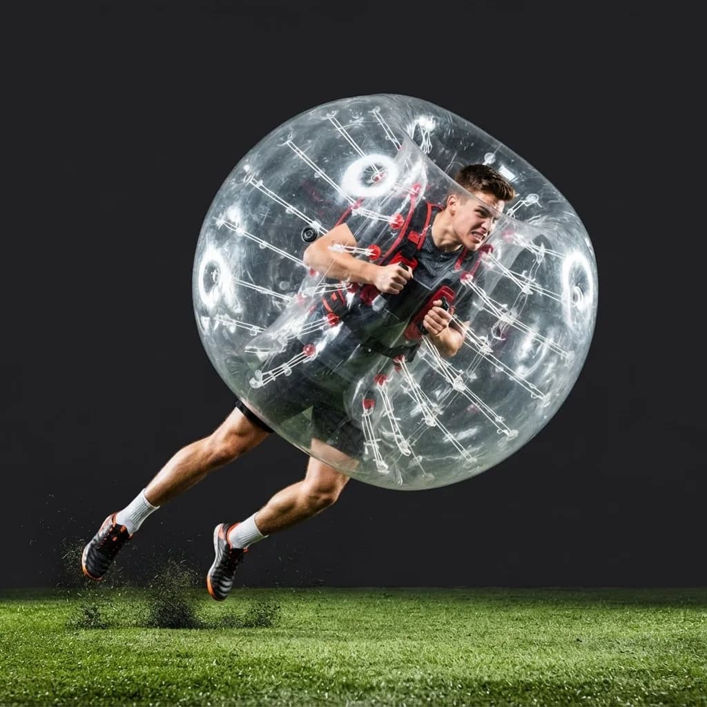 Bubble soccer player charging forward inside a giant transparent inflatable bubble suit