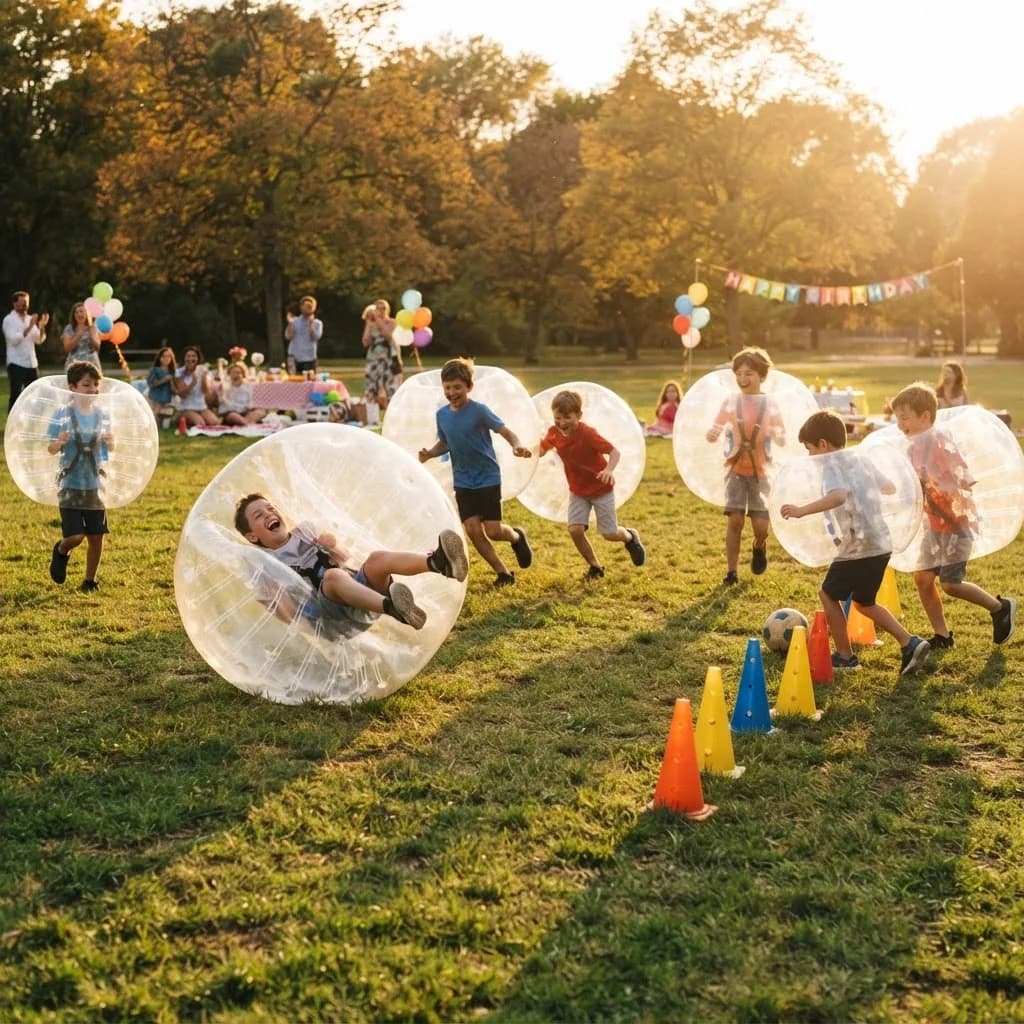 Children in bubble suits laughing during a Kickabout birthday party